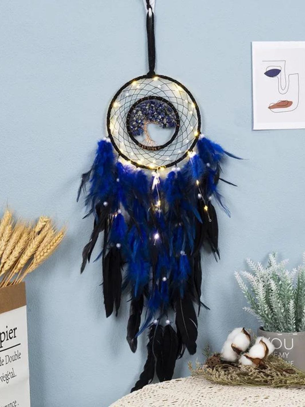 Macramé Arbre de Vie Bleu et noir lumineux